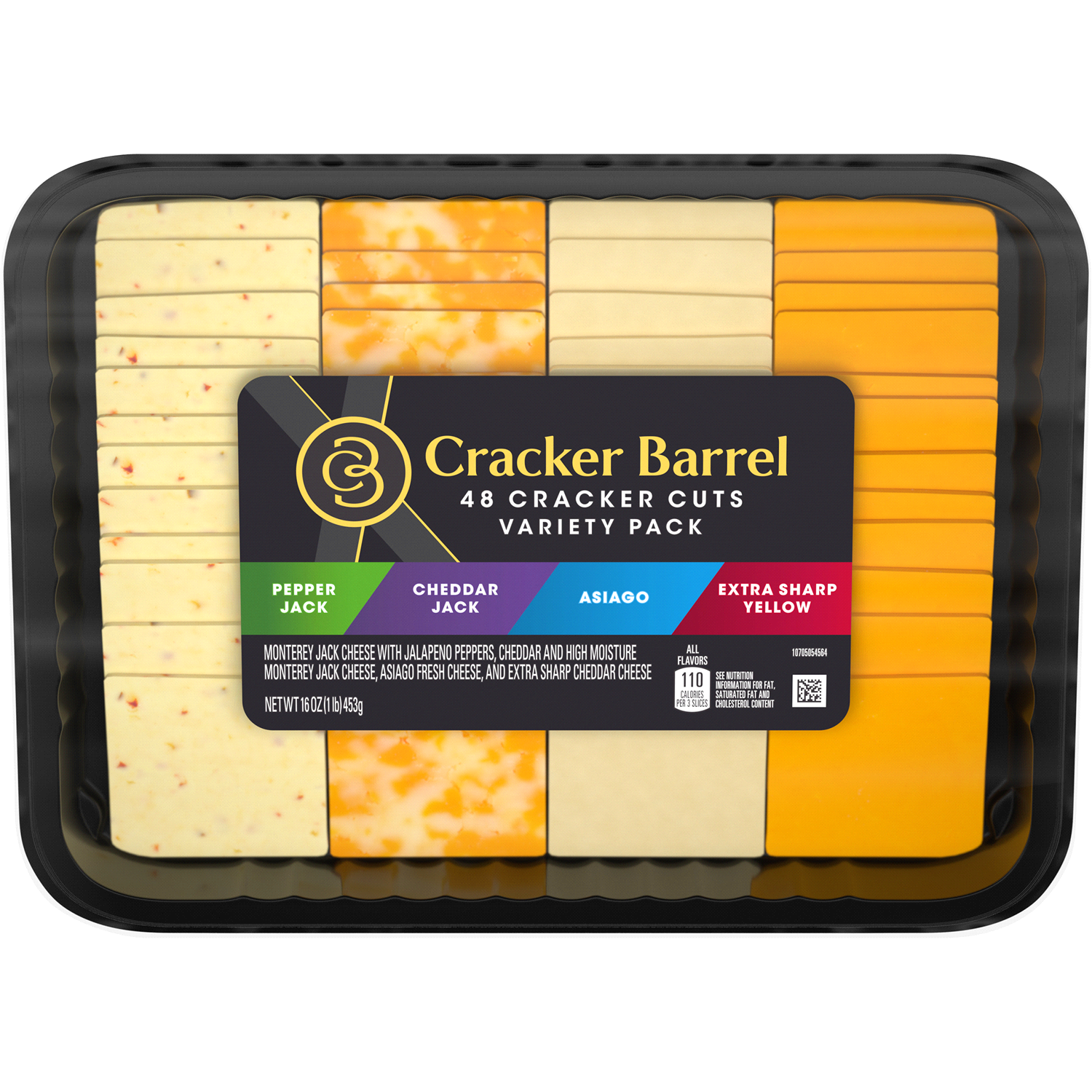 slide 1 of 4, Cracker Barrel Cracker Cuts Pepper Jack, Cheddar Jack, Asiago & Extra Sharp Cheddar Cheese Slice Variety Pack, 48 ct Tray, 48 ct
