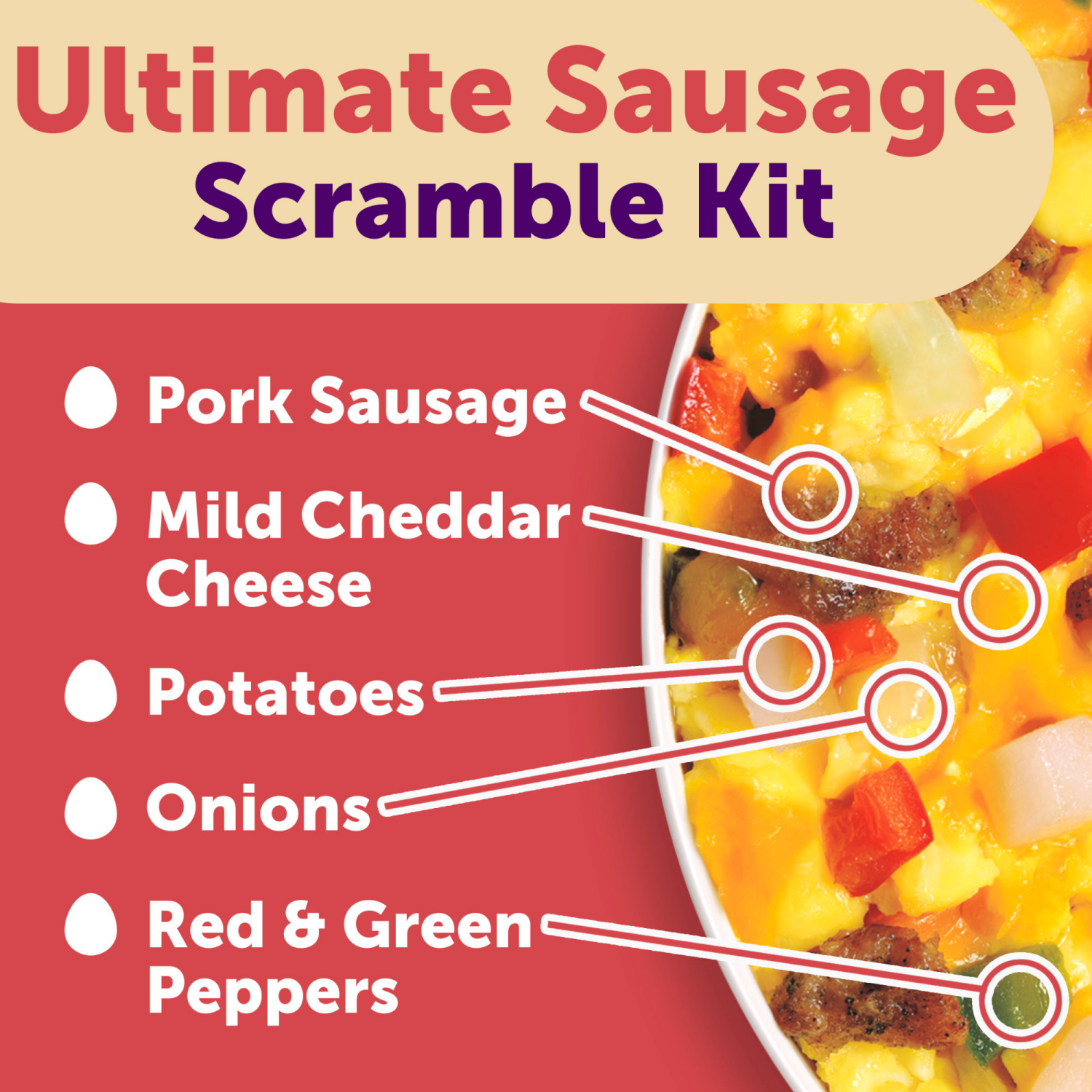 slide 4 of 8, Just Crack an Egg Ultimate Scramble Breakfast Bowl Kit with Pork Sausage, Mild Cheddar Cheese, Potatoes, Onions, and Green and Red Peppers, 3 oz. Cup, 3 oz