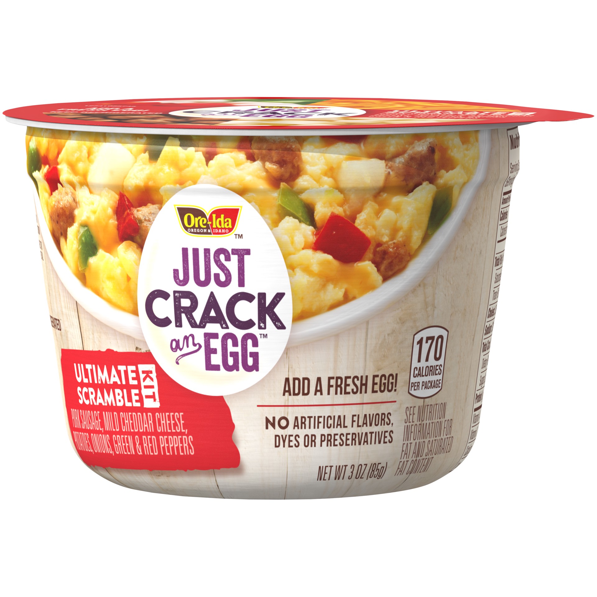 slide 7 of 10, Just Crack an Egg Ultimate Scramble Breakfast Bowl Kit with Pork Sausage, Mild Cheddar Cheese, Potatoes, Onions, and Green and Red Peppers Cup, 3 oz