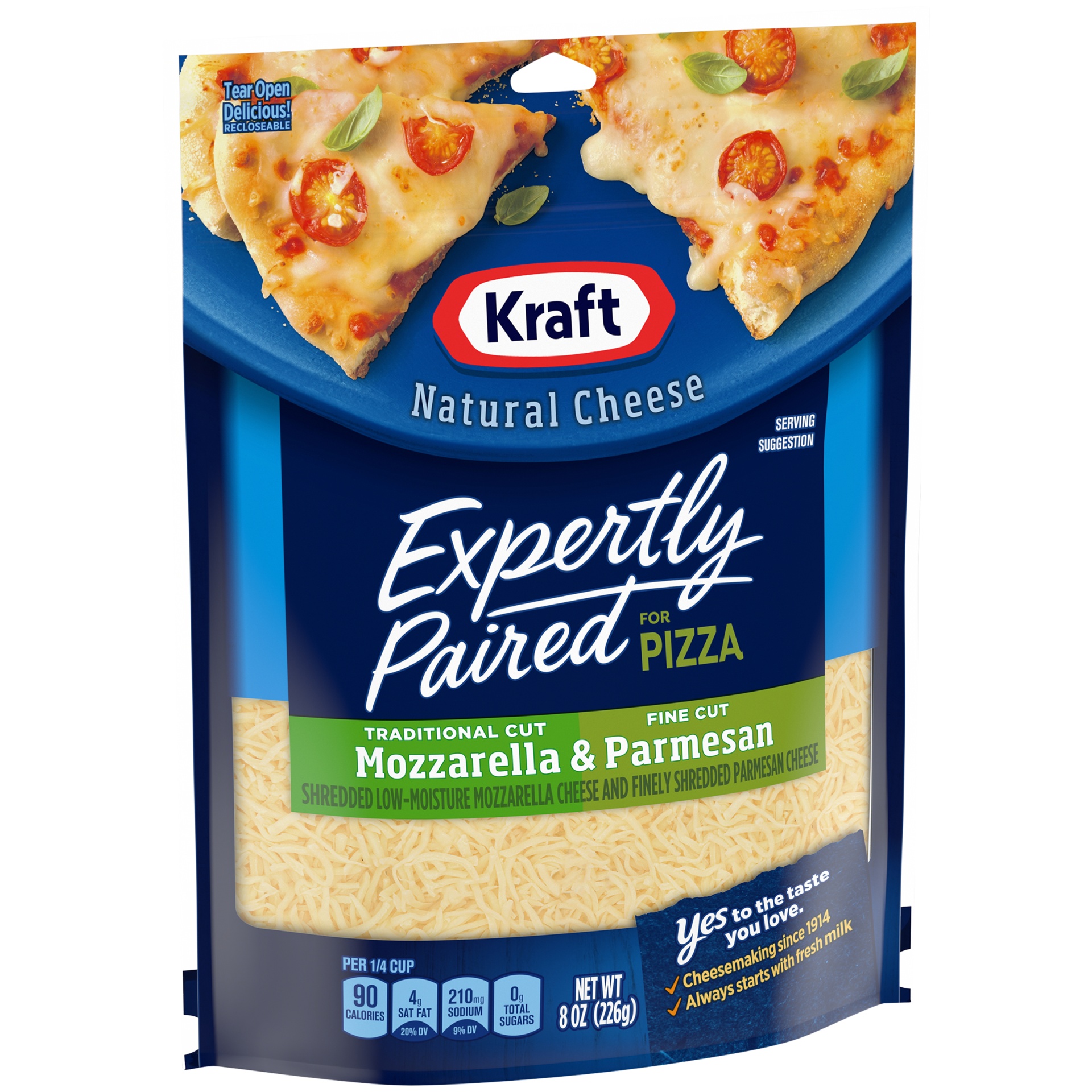 slide 3 of 7, Kraft Deliciously Paired Mozzarella & Parmesan Shredded Cheese for Pizza, 8 oz