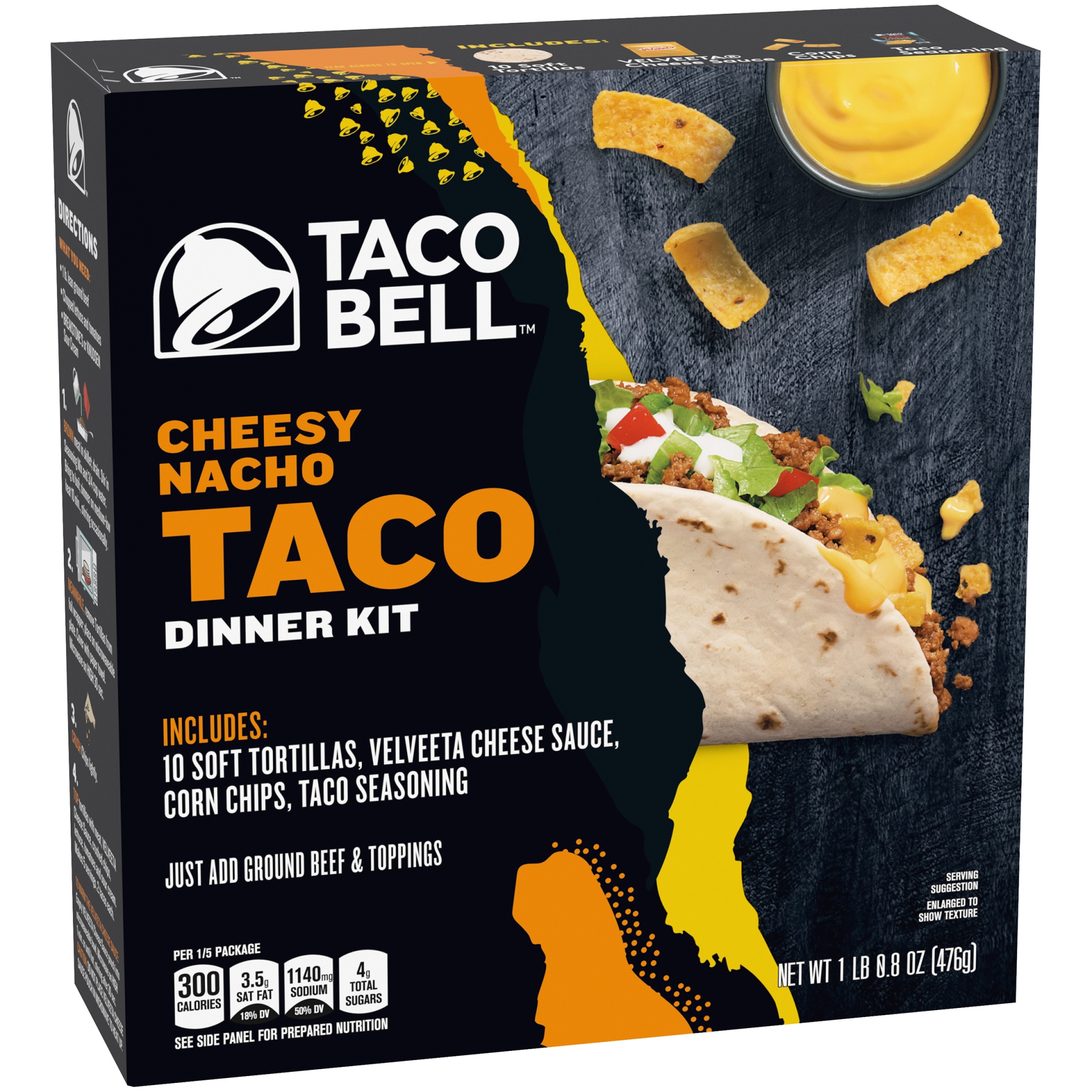 slide 2 of 6, Taco Bell Cheesy Nacho Taco Dinner Kit with 10 Soft Tortillas, Velveeta Cheese Sauce, Corn Chips & Seasoning, 16.8 oz
