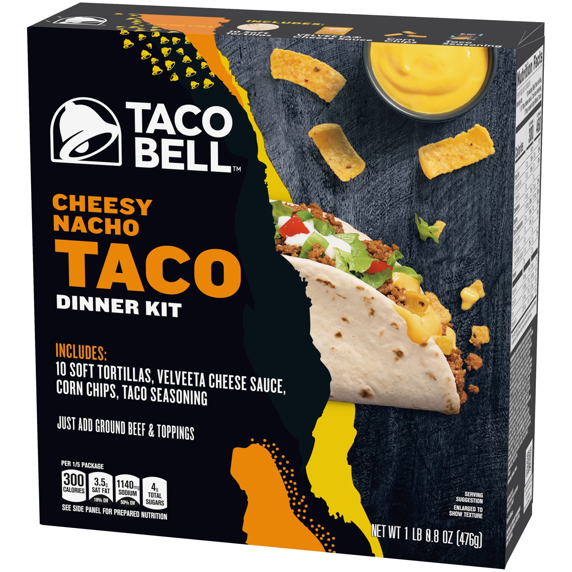 slide 3 of 6, Taco Bell Cheesy Nacho Taco Dinner Kit with 10 Soft Tortillas, Velveeta Cheese Sauce, Corn Chips & Seasoning, 16.8 oz