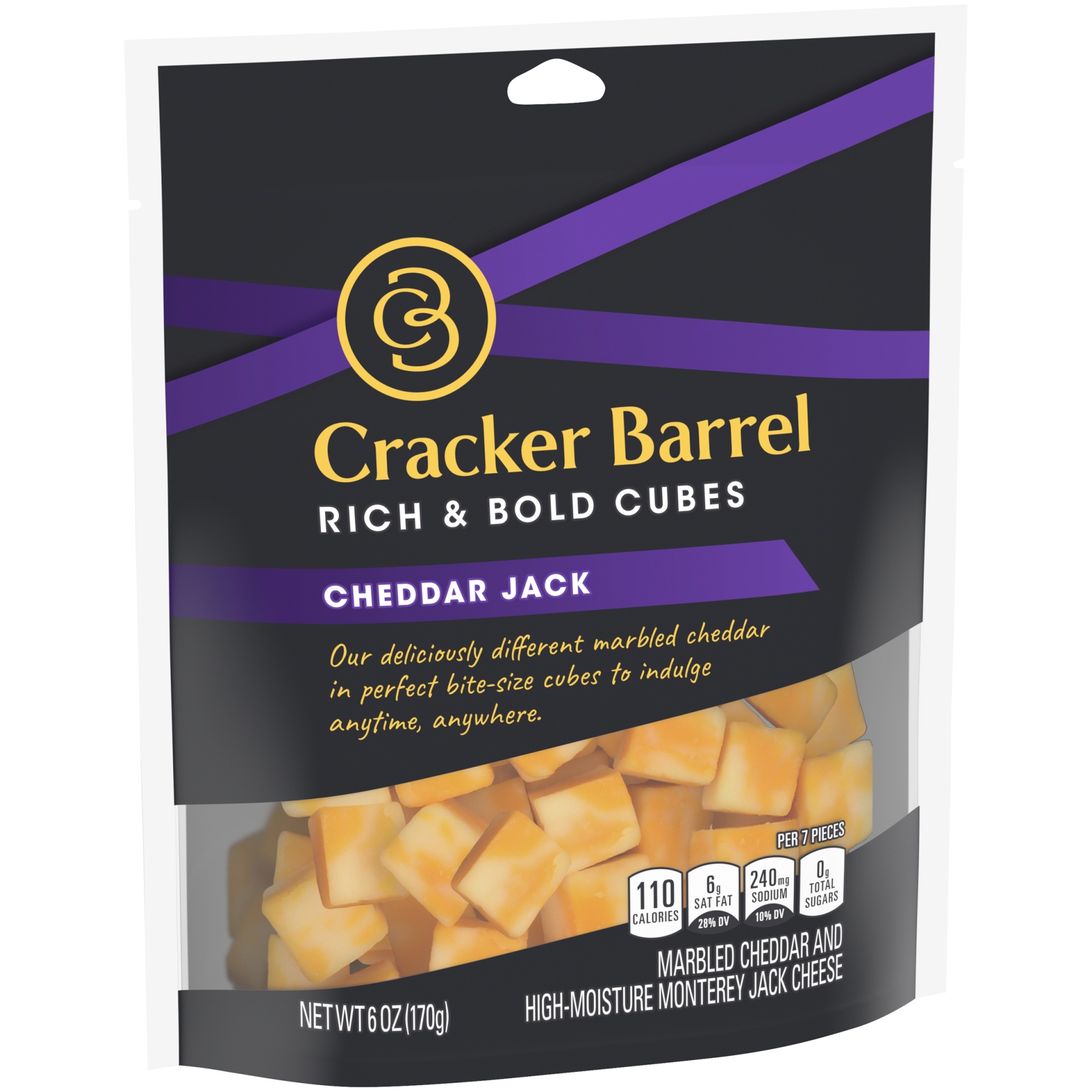 slide 2 of 6, Cracker Barrel Rich & Bold Cheddar Jack Marbled Cheese Cubes, 6 oz Bag, 6 oz