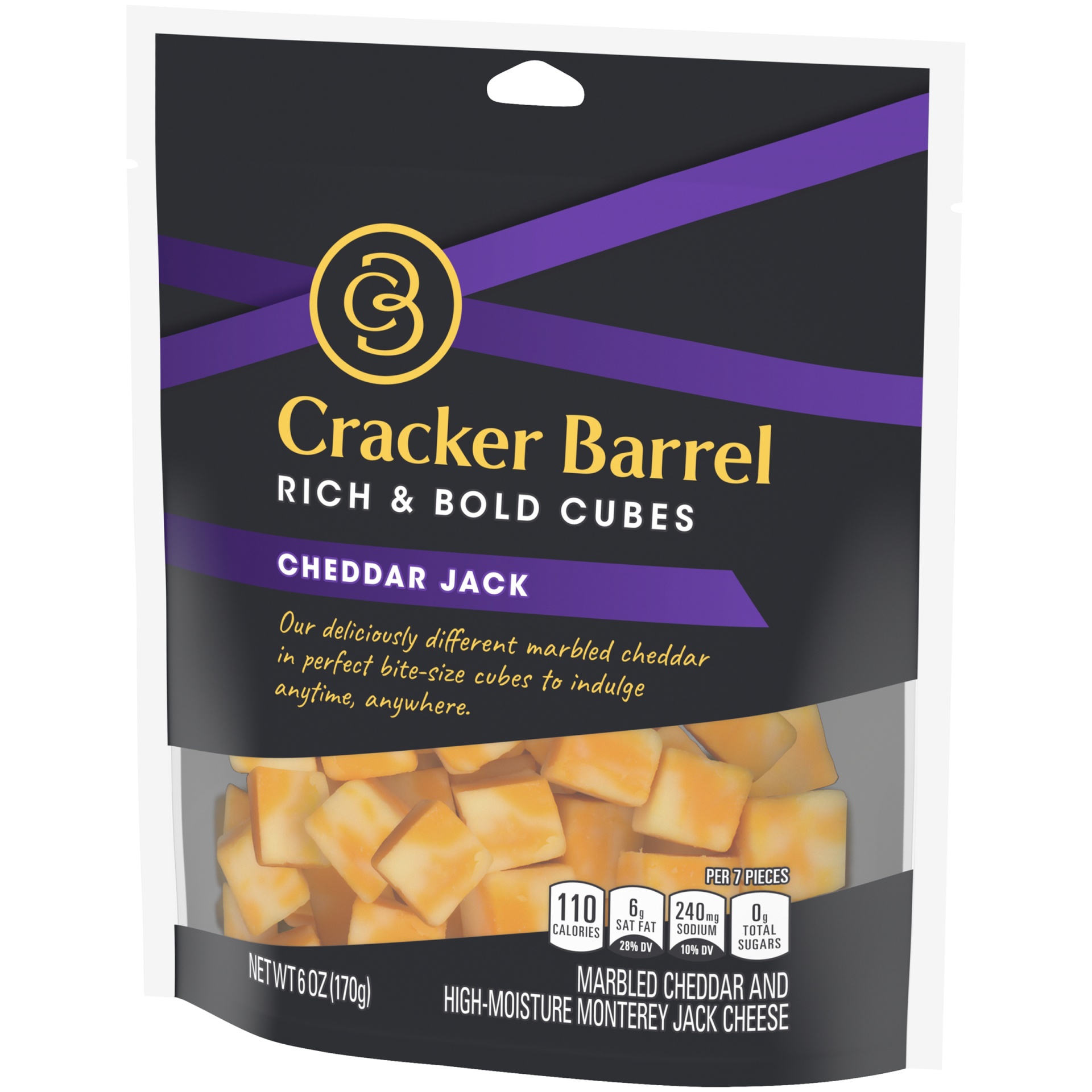 slide 3 of 6, Cracker Barrel Rich & Bold Cheddar Jack Marbled Cheese Cubes, 6 oz Bag, 6 oz