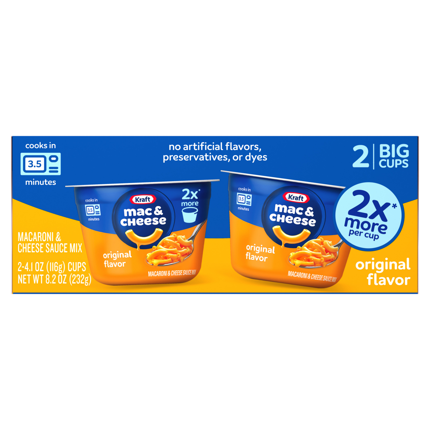 slide 2 of 8, Kraft Mac and Cheese, 2 Big Cups, for Easy Dinner or Dinner Sides, Original Flavor, No Artificial Flavors, Preservatives or Dyes, 4.1 oz, 2 ct