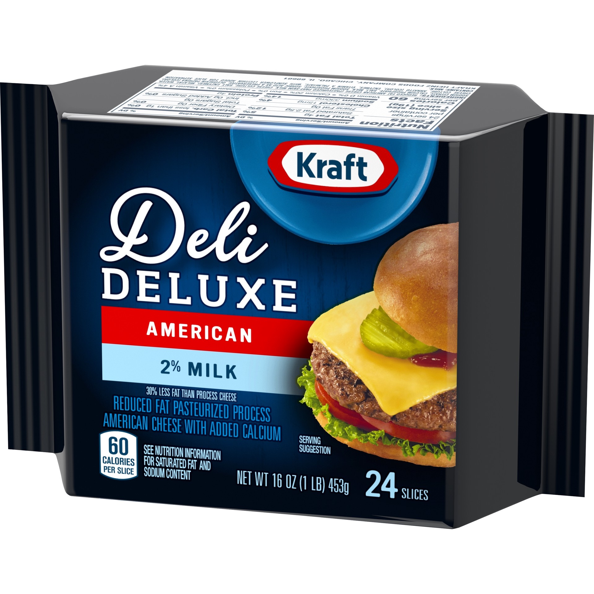 slide 2 of 6, Kraft Deli Deluxe American Cheese Slices with 2% Milk Pack, 16 oz