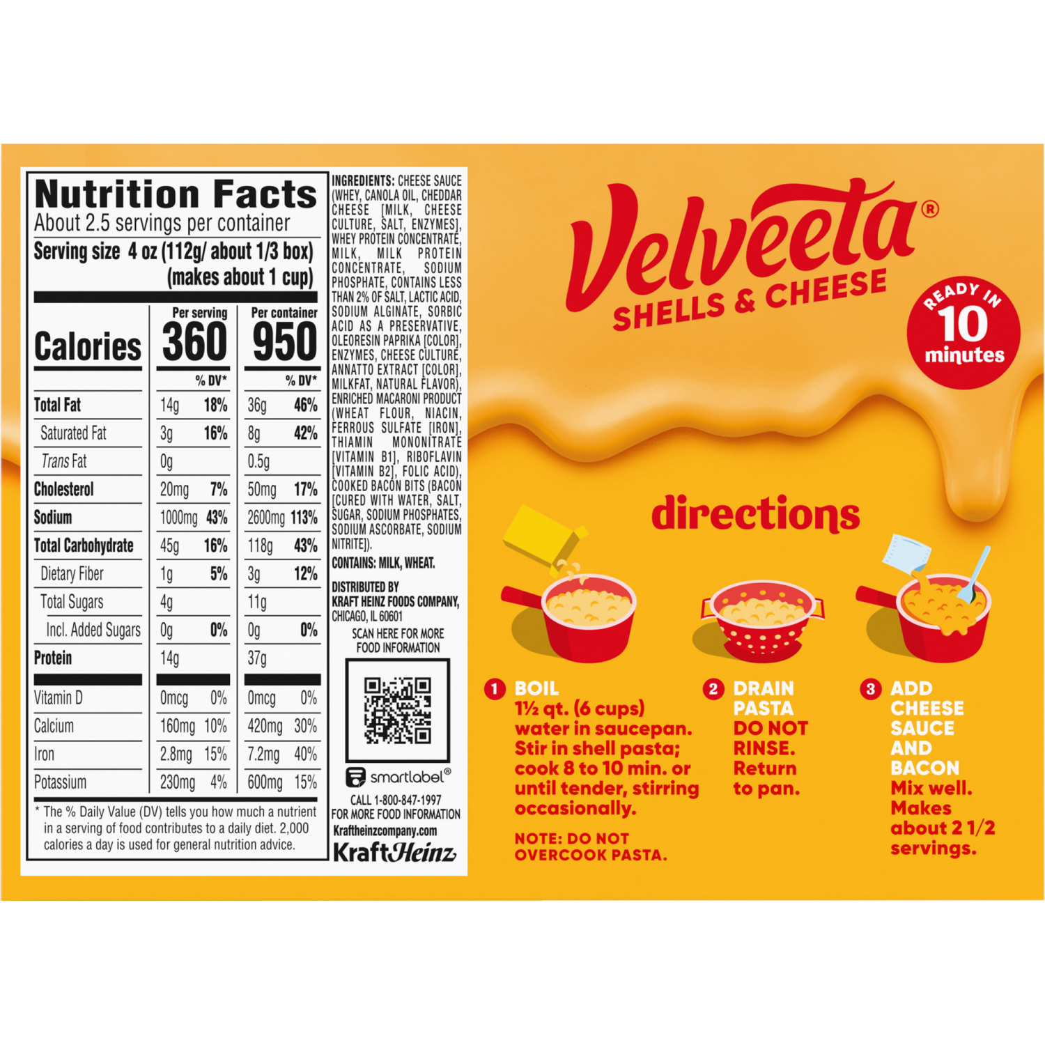 slide 2 of 8, Velveeta Shells and Cheese Mac and Cheese with Bacon, 1 Box, for Easy Dinner or Dinner Sides, Made with Real Cheese, 10.3 oz, 10.3 oz