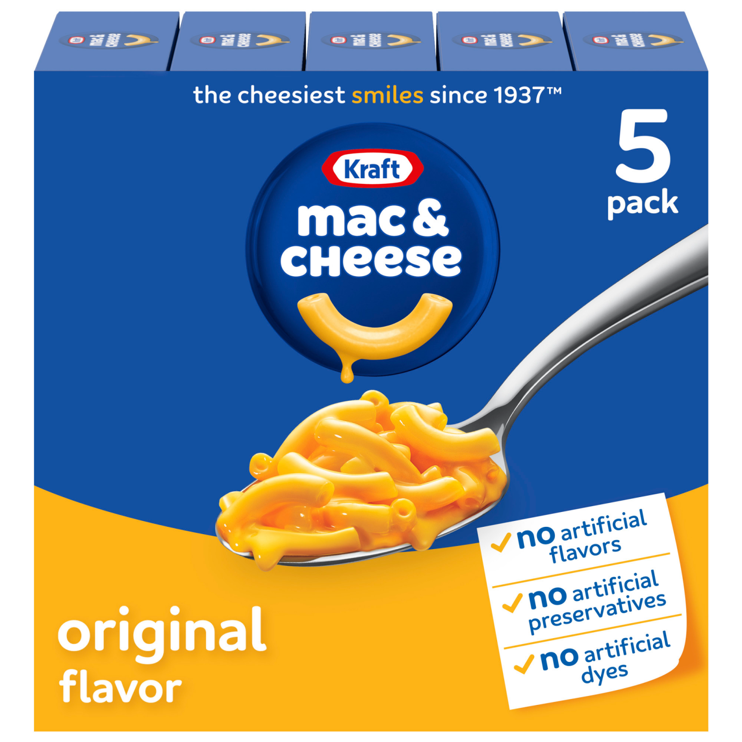 slide 1 of 8, Kraft Mac and Cheese, 5 Boxes, for Easy Dinner or Dinner Sides, Original Flavor, No Artificial Flavors, Preservatives or Dyes, 7.25 oz, 5 ct