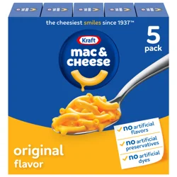 Kraft Mac and Cheese, 5 Boxes, for Easy Dinner or Dinner Sides, Original Flavor, No Artificial Flavors, Preservatives or Dyes, 7.25 oz