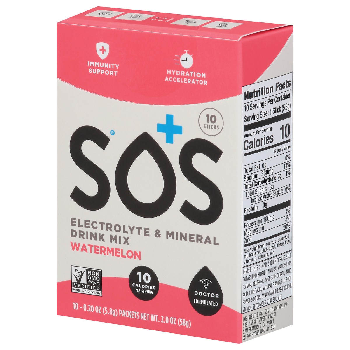 slide 7 of 13, S.O.S. Electrolyte & Mineral Watermelon Drink Mix Packet 10 ea, 10 ct