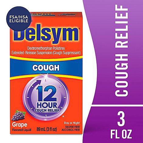 slide 1 of 1, Delsym Cough Suppressant Cough Relief 12 Hour Liquid Grape Flavored - 3 Fl. Oz., 3 fl oz