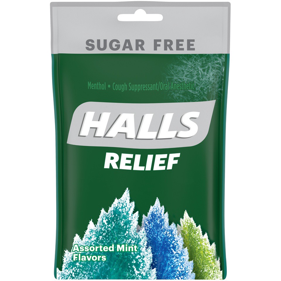 slide 6 of 7, HALLS Relief Sugar Free Assorted Mint Flavor Cough Drops, 1 Bag (25 Total Drops), 0.17 lb