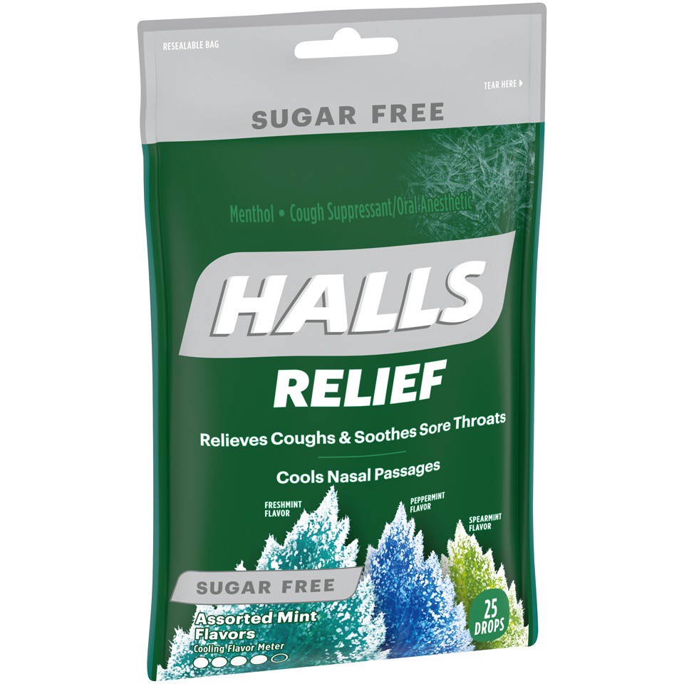 slide 2 of 7, HALLS Relief Sugar Free Assorted Mint Flavor Cough Drops, 1 Bag (25 Total Drops), 0.17 lb