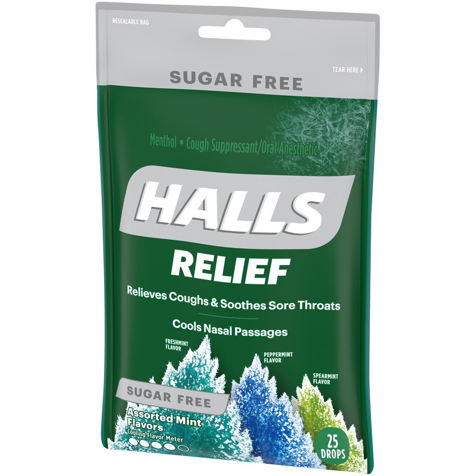 slide 4 of 7, HALLS Relief Sugar Free Assorted Mint Flavor Cough Drops, 1 Bag (25 Total Drops), 0.17 lb