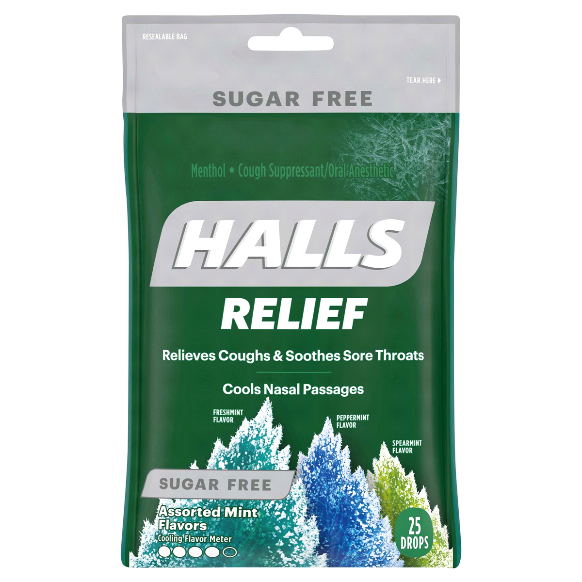 slide 1 of 7, Halls Sugar Free Assorted Mint Cough Suppressant/oral Anesthetic Menthol Drops, 25 ct