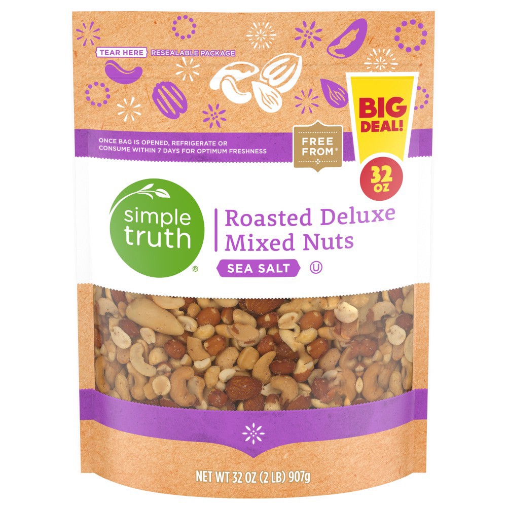 slide 1 of 4, Simple Truth Sea Salt Roasted Deluxe Mixed Nuts Pouch, 32 oz