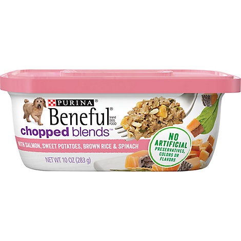 slide 1 of 1, Beneful Chopped Blends Dog Food With Salmon Sweet Potatoes Brown Rice & Spinach Can, 10 oz