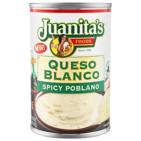 slide 1 of 1, Juanita's Queso Blanco Spicy Poblano Cheese Sauce, 15 oz can, 15 oz