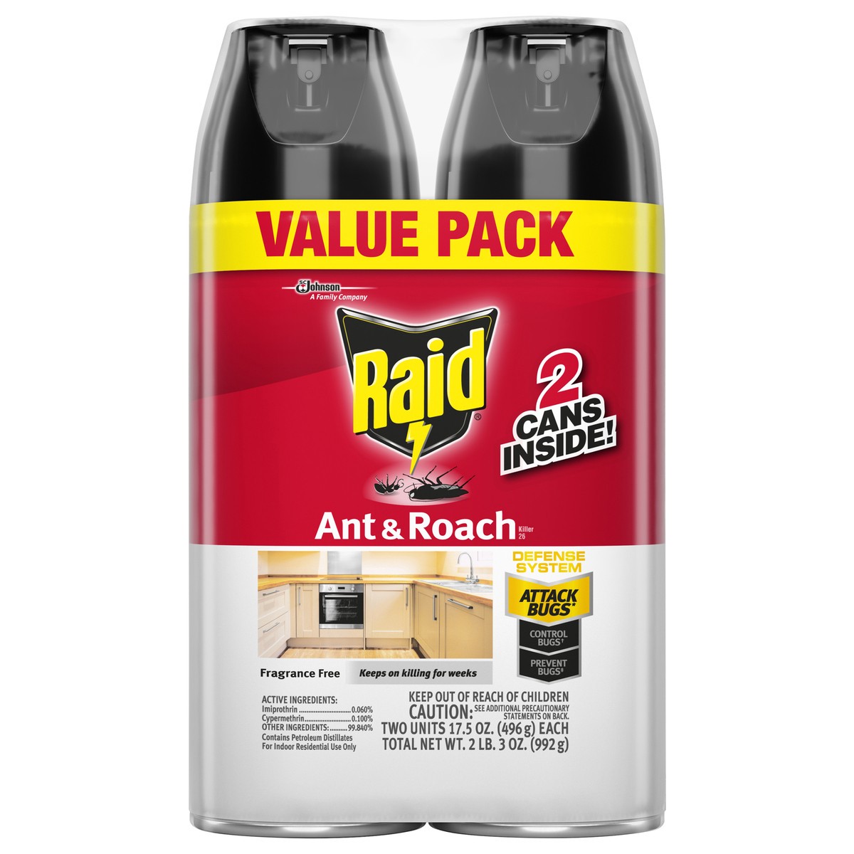 slide 1 of 5, Raid Ant & Roach Killer Aerosol Insecticide, Fragrance Free, 17.5oz, 2 Count, 17.50 oz