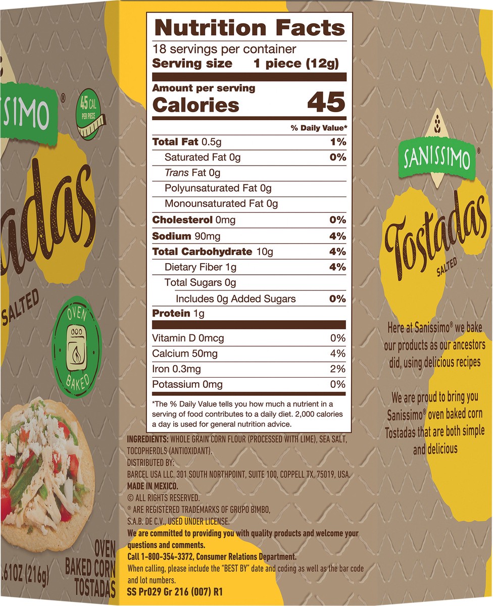 slide 10 of 12, Sanissimo Tostadas Salted, Oven Baked Corn Tostadas, Gluten Free, Non-GMO, 7.61 Ounce Box, Pack of 18 Crackers, 7.61 oz