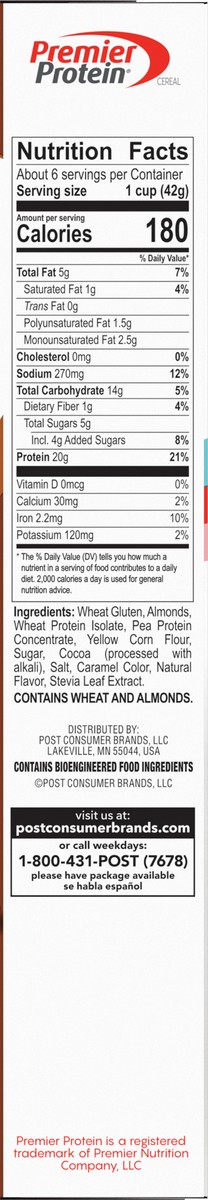 slide 4 of 9, Post Premier Protein Chocolate Almond Cereal, 9 OZ Box, 8.5 oz