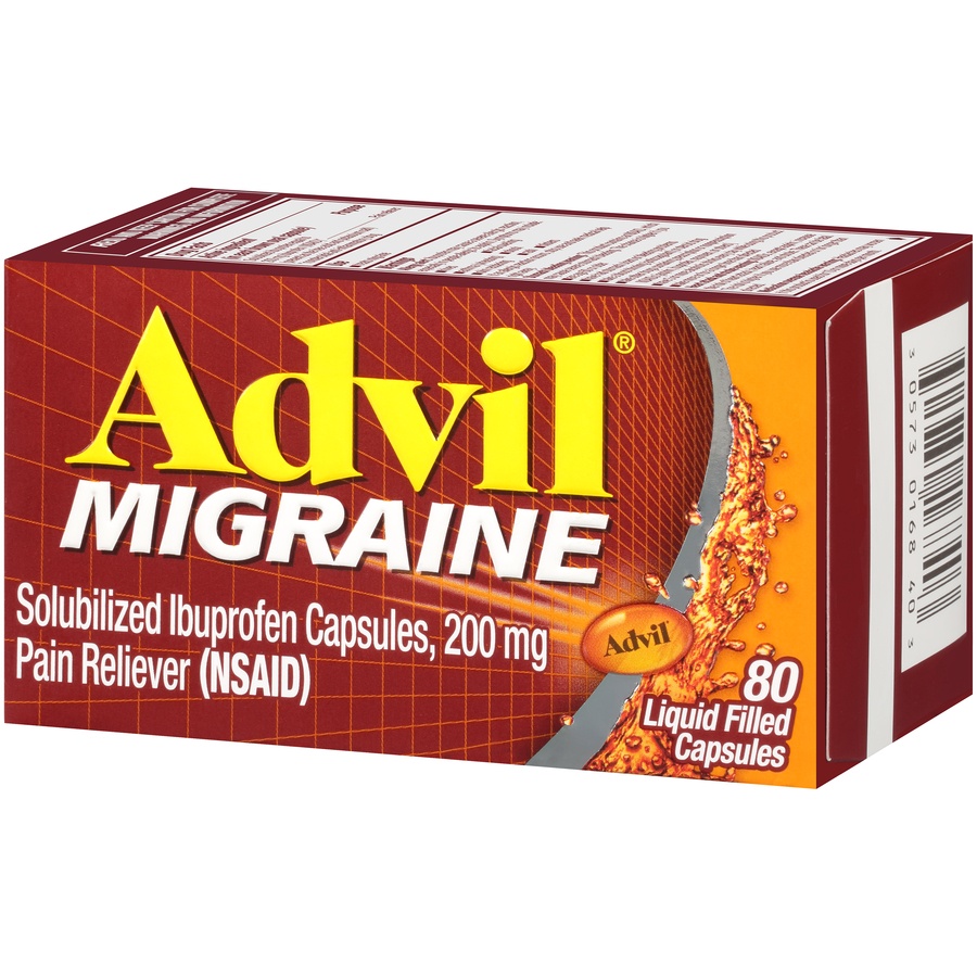 slide 4 of 7, Advil Migraine Pain Reliever Liquid Filled Capsules 200mg Ibuprofen, 80 ct