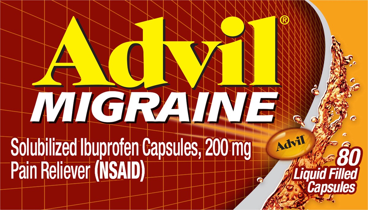slide 6 of 9, Advil Migraine Pain Reliever Liquid Filled Capsules 200mg Ibuprofen, 80 ct