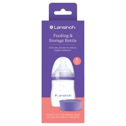 Lansinoh Anti-Colic Baby Bottle for Breastfeeding Babies, 5 Ounces, 1 Count, Includes 1 Slow Flow Nipple, Size S and Stackable Lid
