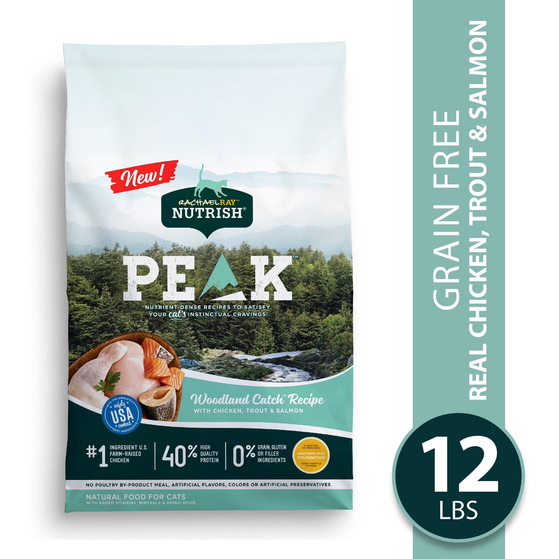 slide 4 of 4, Rachael Ray Nutrish PEAK Dry Cat Food, Grain Free Woodland Catch Recipe with Chicken, Trout & Salmon, 12lbs, 12 lb