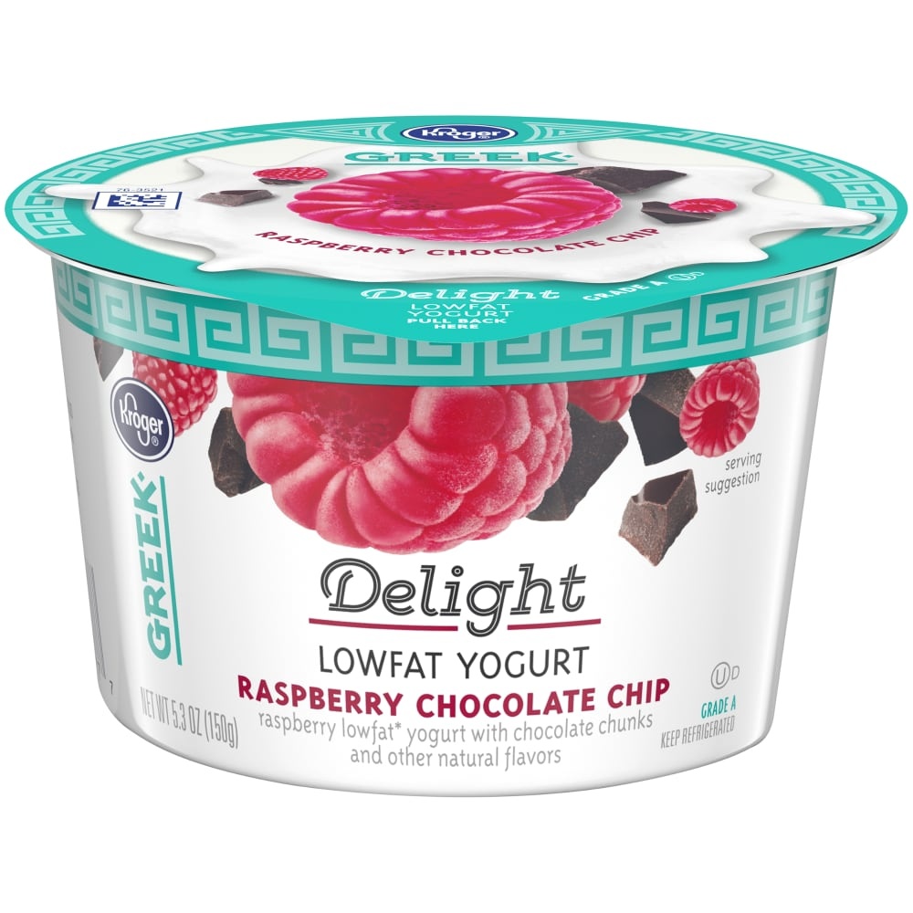 slide 1 of 1, Kroger Greek Delight Raspberry Chocolate Chip Lowfat Yogurt, 5.3 oz