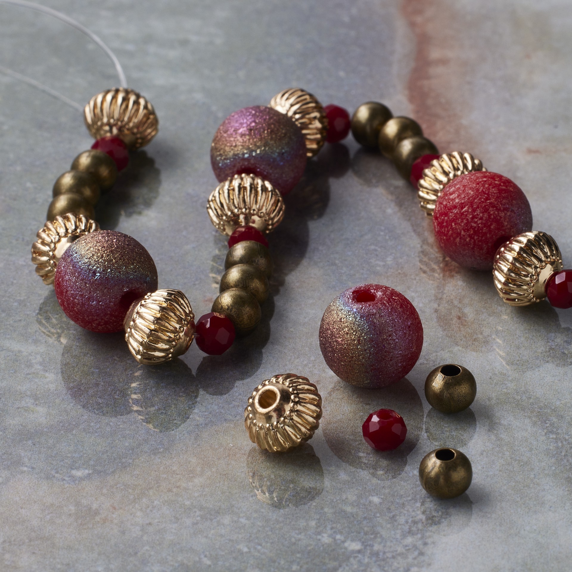 slide 3 of 3, Red & Gold Glass & Metal Bead Mix By Bead Landing, 6mm x 10mm