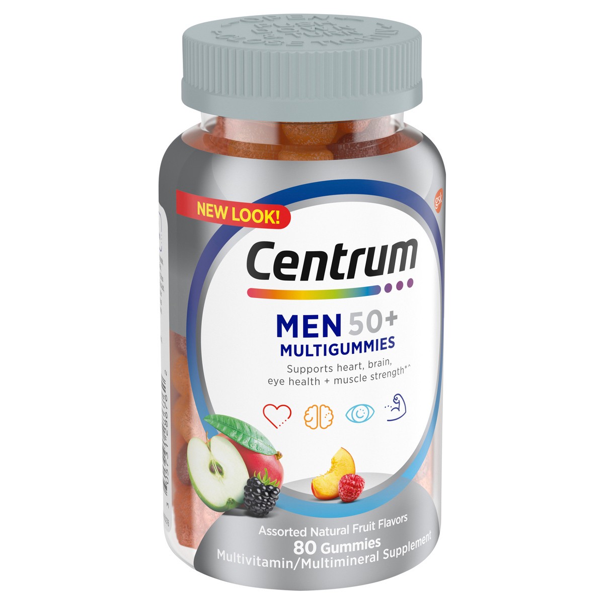 slide 8 of 9, Centrum MultiGummies for Men 50 Plus, Multivitamin/Multimineral Supplement with Vitamins D3, E, B6, and B12, Assorted Fruit Flavor - 80 Count, 80 cnt