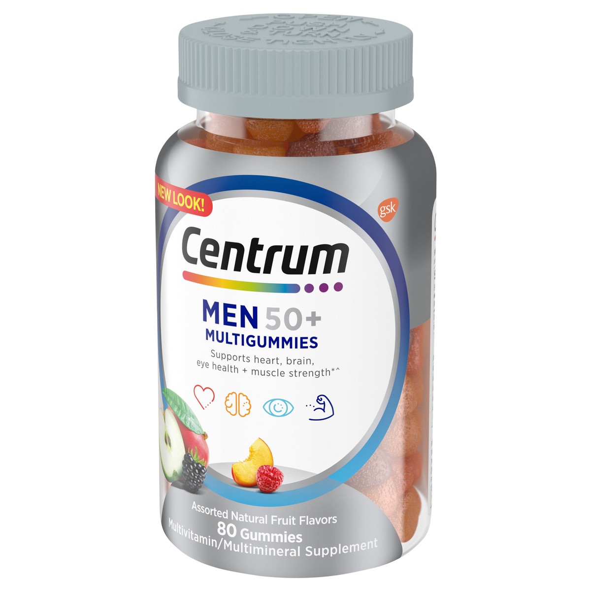 slide 7 of 9, Centrum MultiGummies for Men 50 Plus, Multivitamin/Multimineral Supplement with Vitamins D3, E, B6, and B12, Assorted Fruit Flavor - 80 Count, 80 cnt