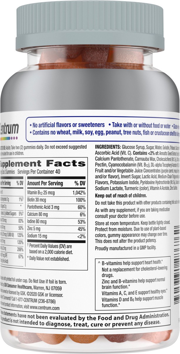 slide 9 of 9, Centrum MultiGummies for Men 50 Plus, Multivitamin/Multimineral Supplement with Vitamins D3, E, B6, and B12, Assorted Fruit Flavor - 80 Count, 80 cnt