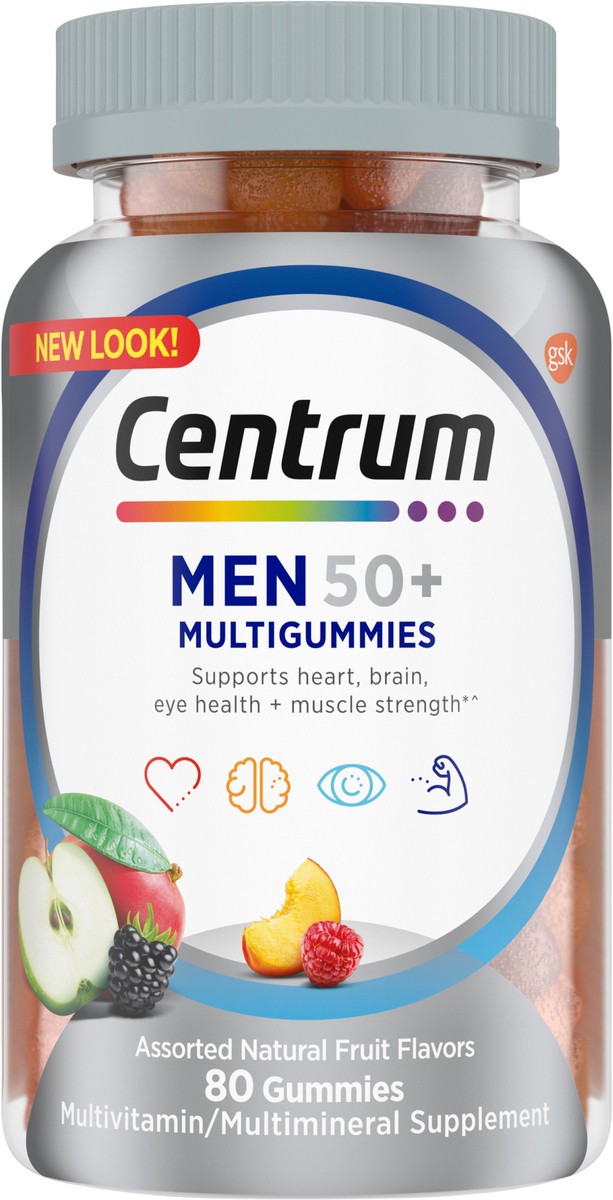 slide 2 of 9, Centrum MultiGummies for Men 50 Plus, Multivitamin/Multimineral Supplement with Vitamins D3, E, B6, and B12, Assorted Fruit Flavor - 80 Count, 80 cnt