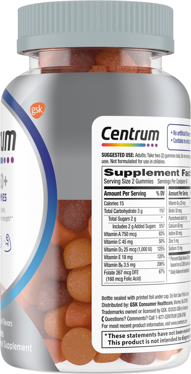 slide 5 of 9, Centrum MultiGummies for Men 50 Plus, Multivitamin/Multimineral Supplement with Vitamins D3, E, B6, and B12, Assorted Fruit Flavor - 80 Count, 80 cnt