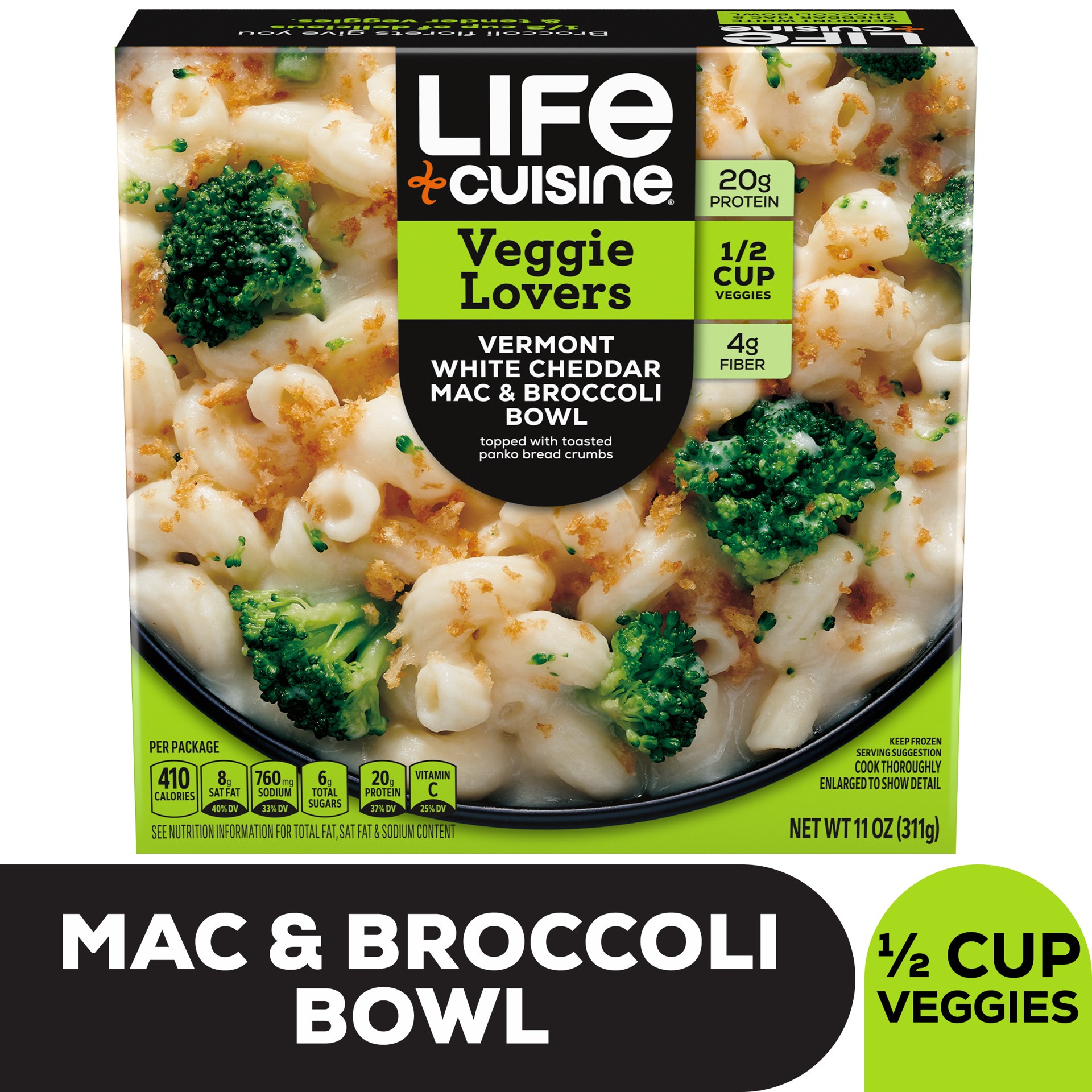 slide 1 of 9, Life Cuisine Frozen Meal Vermont White Cheddar Mac and Broccoli Bowl, Veggie Lovers Microwave Meal, Vegetarian Frozen Dinner for One, 11 oz