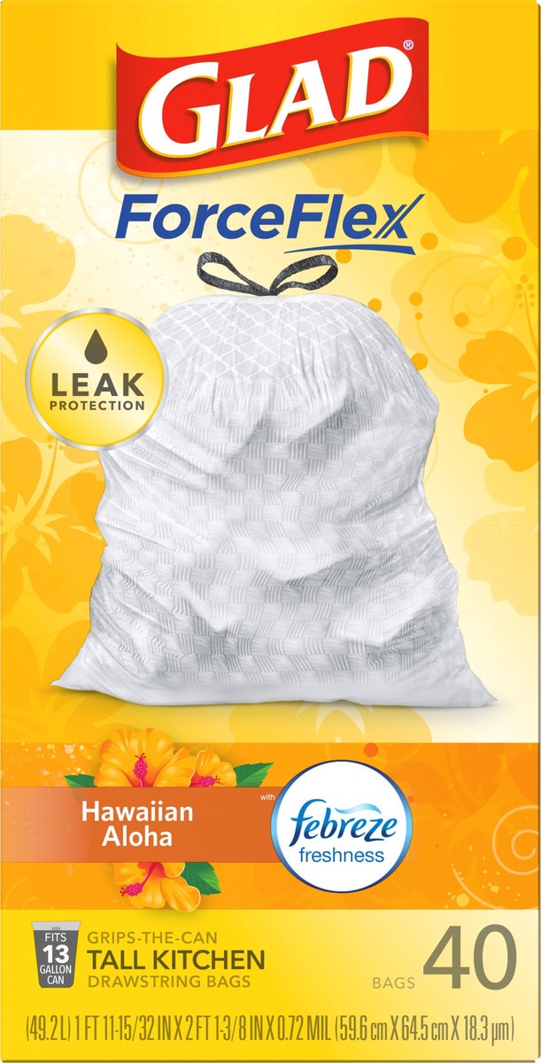 slide 4 of 7, Glad ForceFlex 13 Gallon Tall Kitchen Hawaiian Aloha Drawstring Bags 40 ea, 40 ct