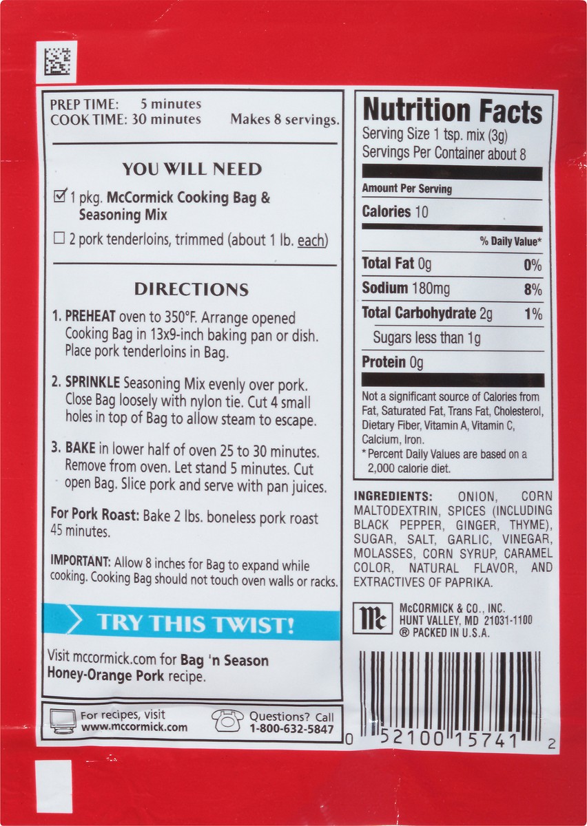 slide 3 of 8, McCormick Bag 'n Season Herb Roasted Pork Tenderloin Cooking Bag & Seasoning Mix, 0.92 oz