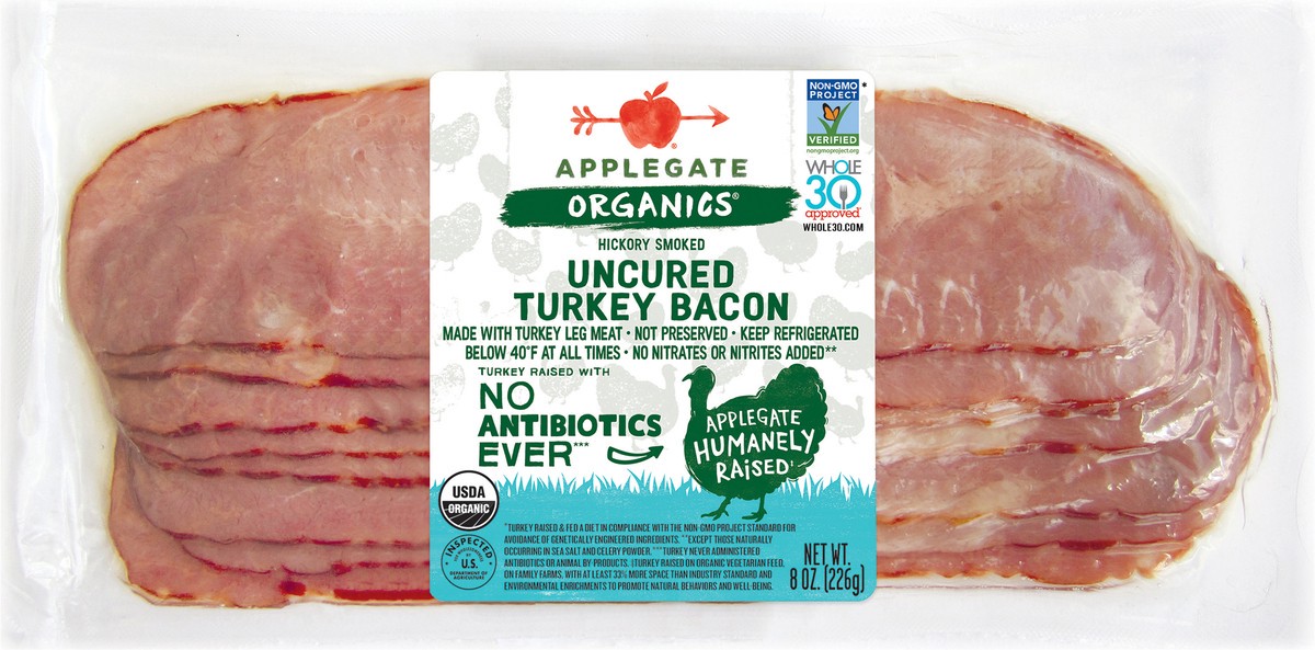 slide 7 of 10, Applegate Organics Uncured Hickory Smoked Turkey Bacon, 8 oz