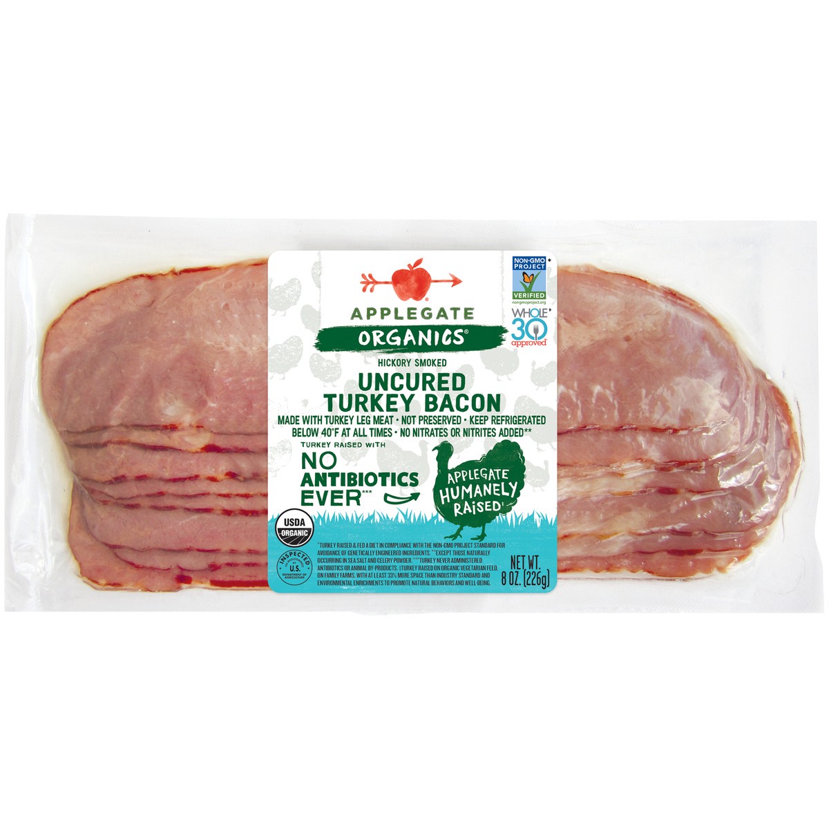 slide 4 of 10, Applegate Organics Uncured Hickory Smoked Turkey Bacon, 8 oz