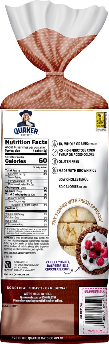 slide 4 of 4, Quaker Chocolate Crunch Large Rice Cakes, 7.23 oz