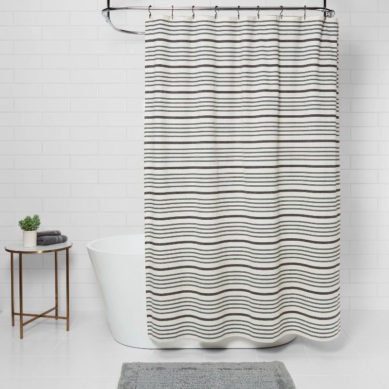 slide 2 of 5, Striped Shower Curtain Black/White - Threshold™: Cotton Fabric, Buttonhole Top, Machine Washable, 1 ct