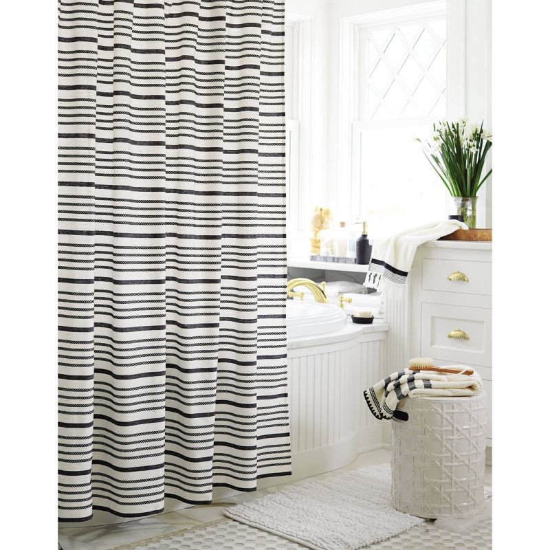 slide 5 of 5, Striped Shower Curtain Black/White - Threshold™: Cotton Fabric, Buttonhole Top, Machine Washable, 1 ct