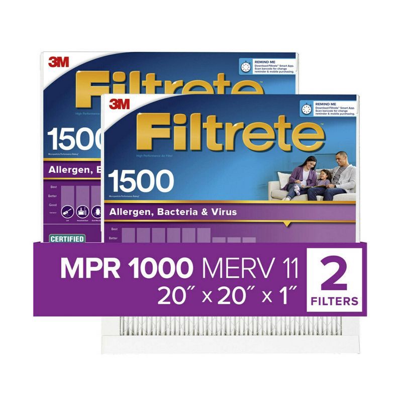 slide 2 of 10, Filtrete 20x25x1 2pk Allergen Bacteria and Virus Air Filter 1500 MPR, 2 ct