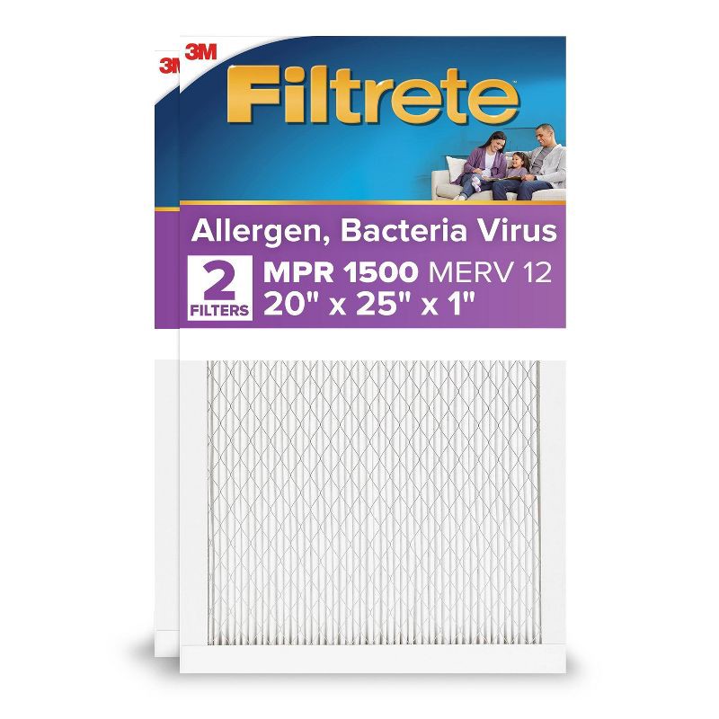 slide 1 of 11, Filtrete 20x25x1 2pk Allergen Bacteria and Virus Air Filter 1500 MPR: MERV 12 Electrostatic Furnace Filter, 20x20x1, 2 ct