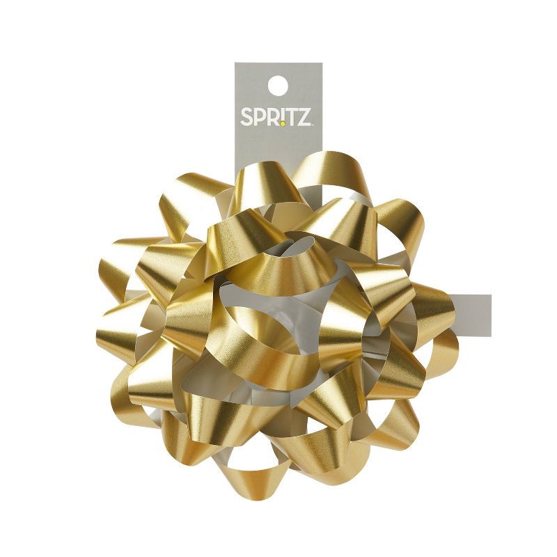 slide 1 of 4, Glitter Gift Bow Gold - Spritz™: Decorative Bows for Gift Wrapping, Birthday & Easter, Solid Pattern, 6" Plastic Accessory, 1 ct