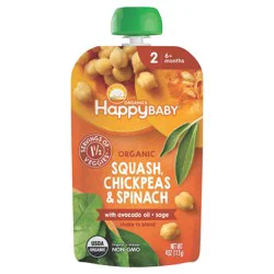 Happy Baby Organics Stage 2 Organic Squash, Chickpeas & Spinach with Avocado Oil + Sage 4oz Pouch
