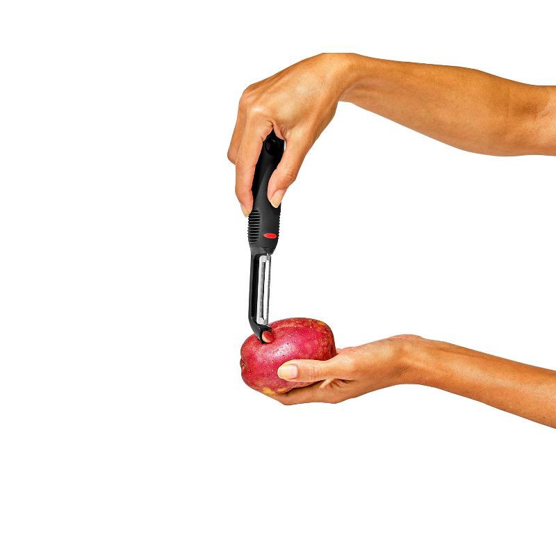 slide 3 of 8, OXO Softworks Serrated Peeler: Stainless Steel Vegetable & Potato Peeler, Dishwasher-Safe, Black Handle, OXO Kitchen Tool, 1 ct