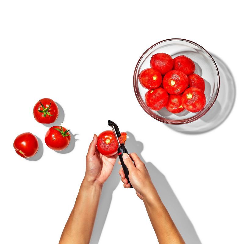 slide 5 of 8, OXO Softworks Serrated Peeler: Stainless Steel Vegetable & Potato Peeler, Dishwasher-Safe, Black Handle, OXO Kitchen Tool, 1 ct